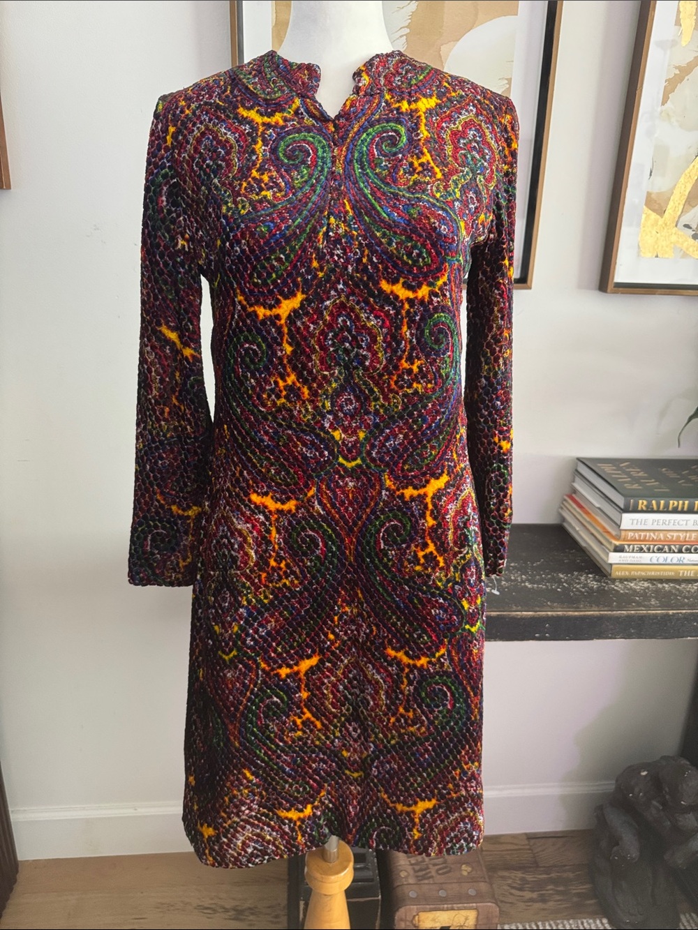 1960 Malcolm Starr 3/4 sleeve mini dress textured velvet multicolor paisley